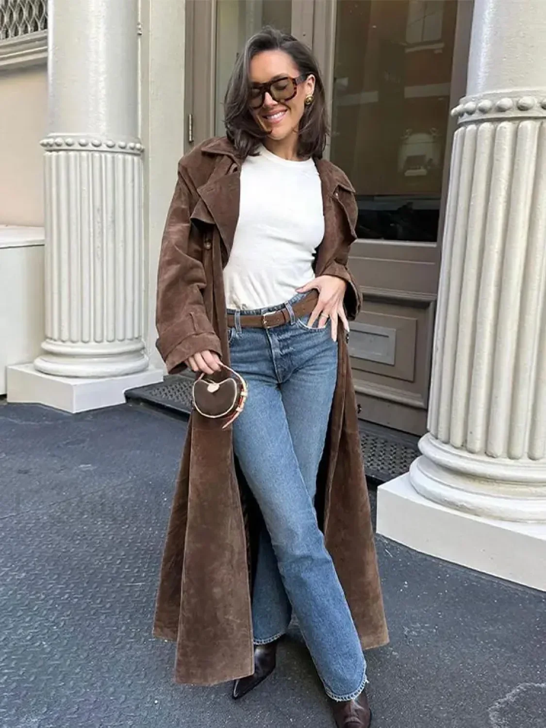 Fashion With Belt Faux Leather Long Overcoat - Image 2