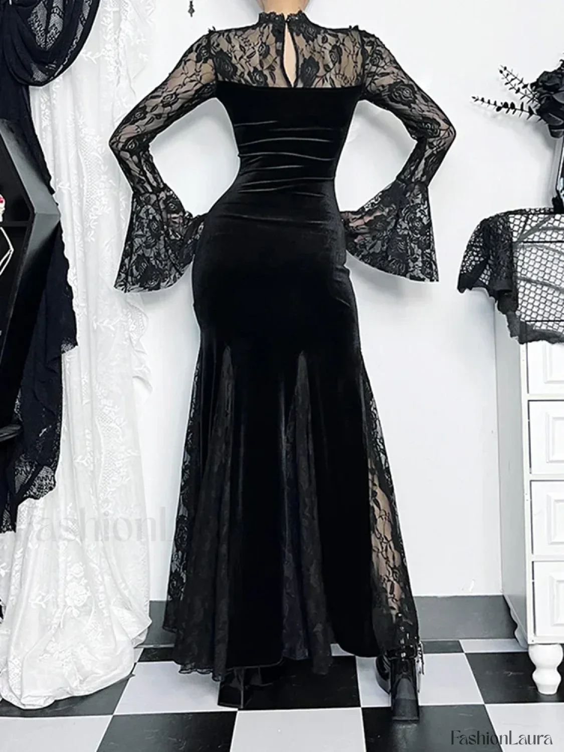 Gothic Mermaid Bodycon Long Maxi Fishtail Sleeve Lace Cocktail Ruched Dress - Image 16