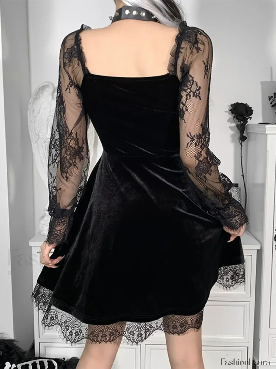 Moon Sexy Black Grunge Dark Neck Aesthetic Vintage Mini Long Sleeve Autumn Dress - Image 13