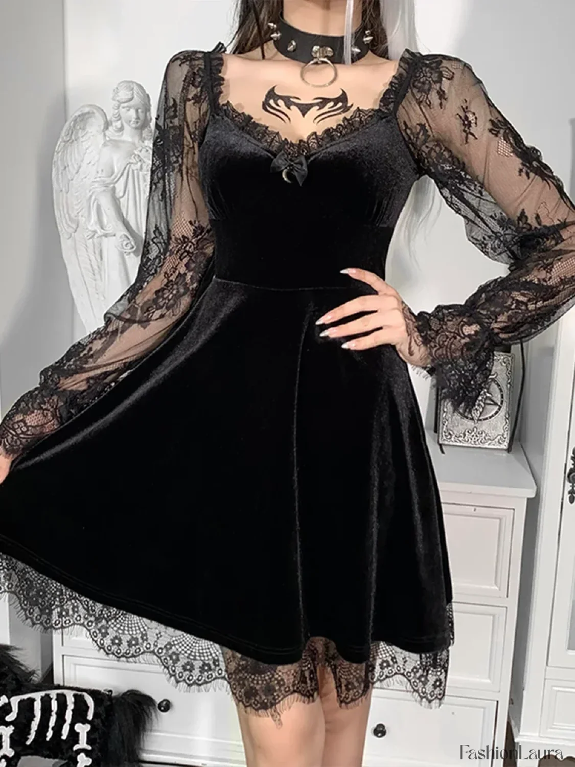 Moon Sexy Black Grunge Dark Neck Aesthetic Vintage Mini Long Sleeve Autumn Dress - Image 16