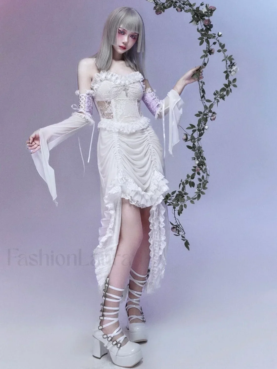 White Gothic Rope Lace Flying Sleeve Party Dress - Image 4