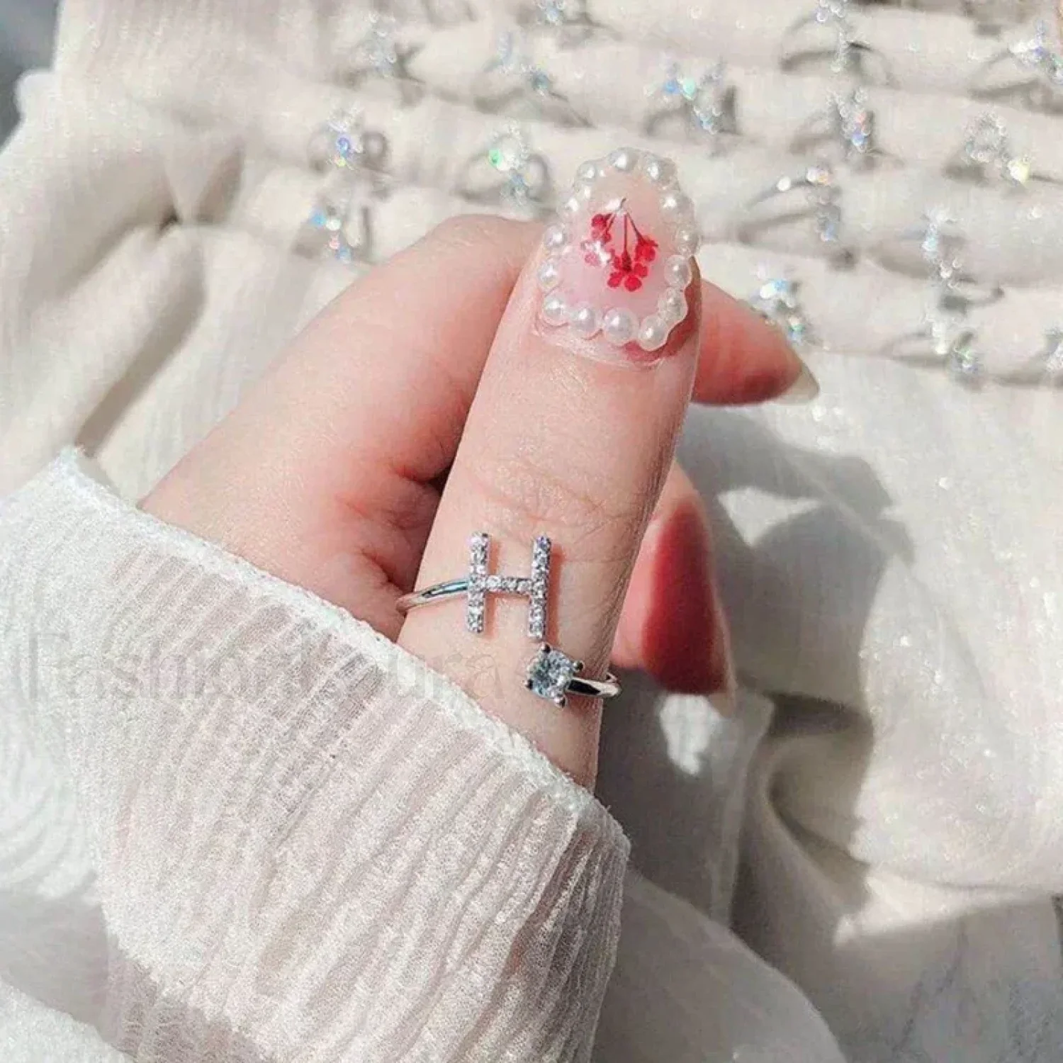 Shining Rhinestone New Fashion Initial Alphabet Opening Charm Jewelry Ring - Image 3