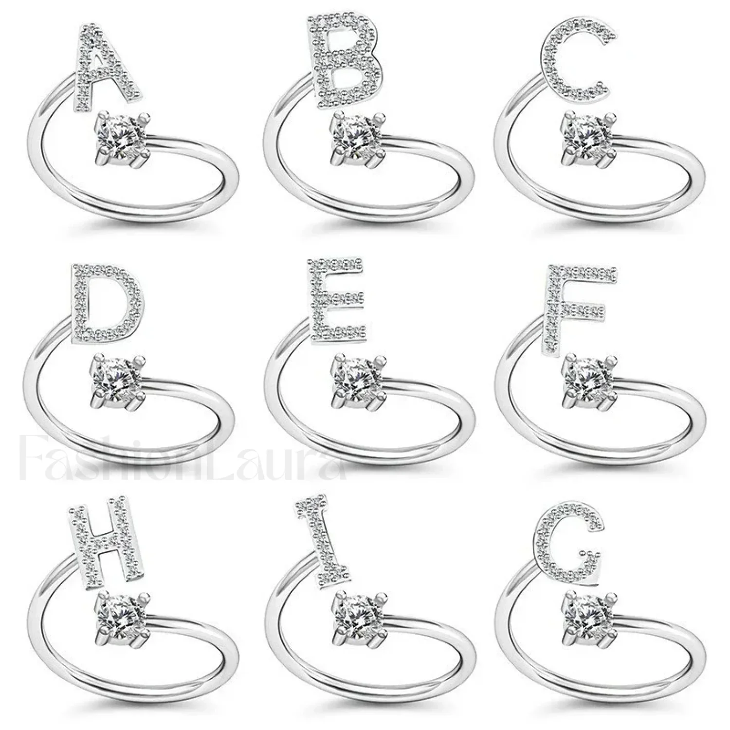 Shining Rhinestone New Fashion Initial Alphabet Opening Charm Jewelry Ring - Image 6