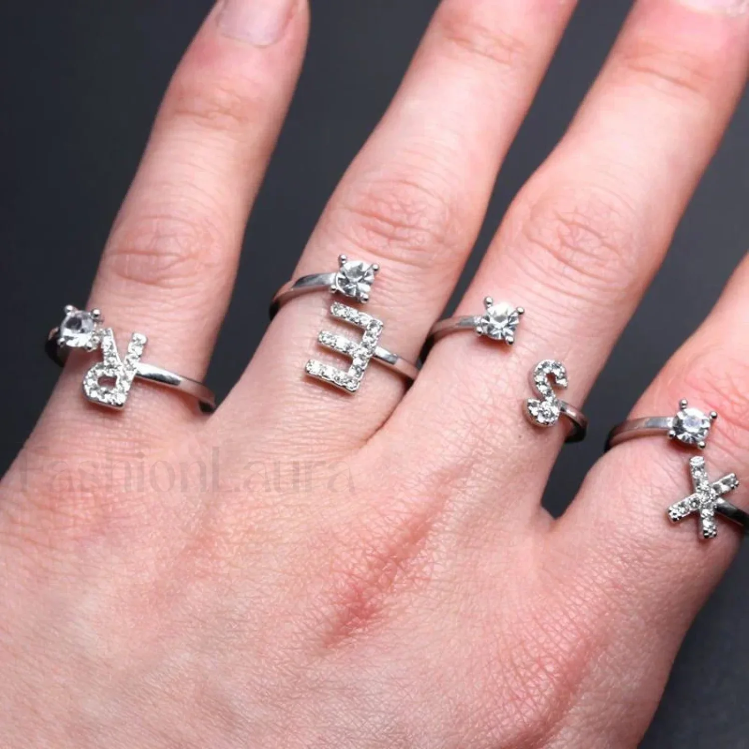 Shining Rhinestone New Fashion Initial Alphabet Opening Charm Jewelry Ring - Image 61