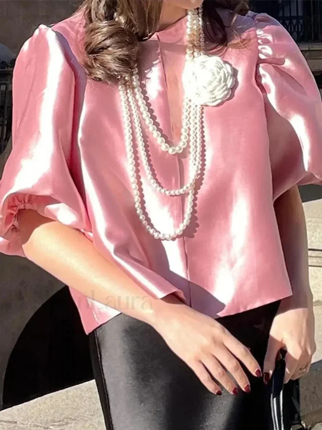 Elegant White Satin Short O-neck Female Lady Blouse - Image 6