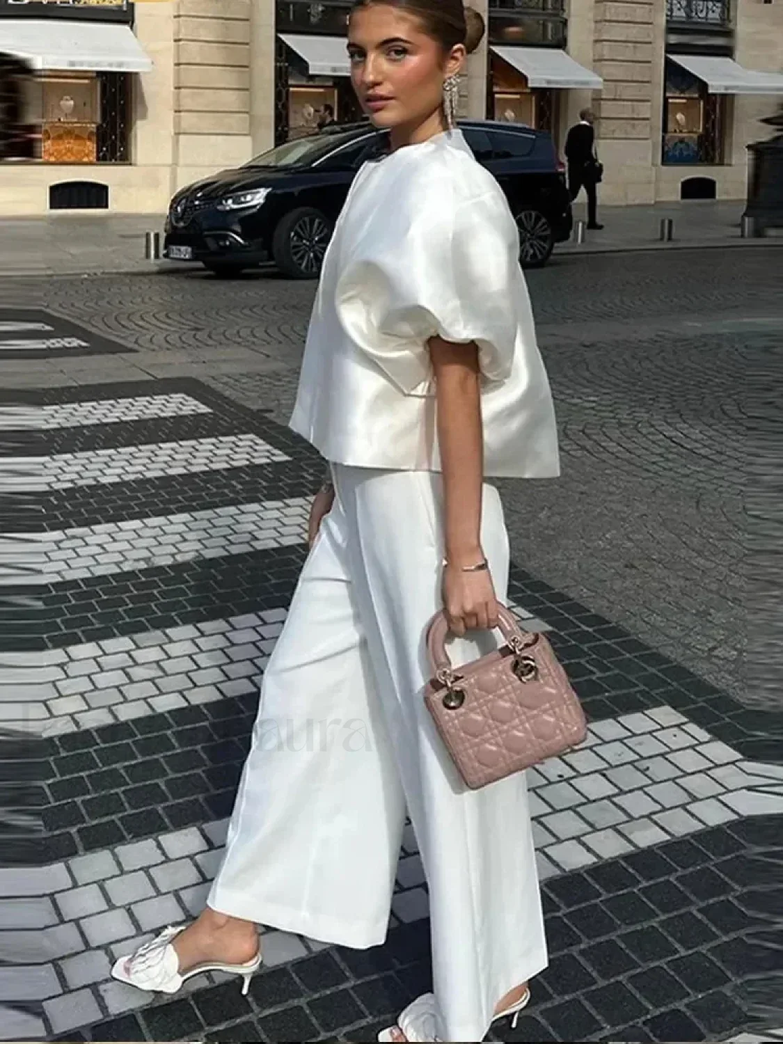 Elegant White Satin Short O-neck Female Lady Blouse - Image 9