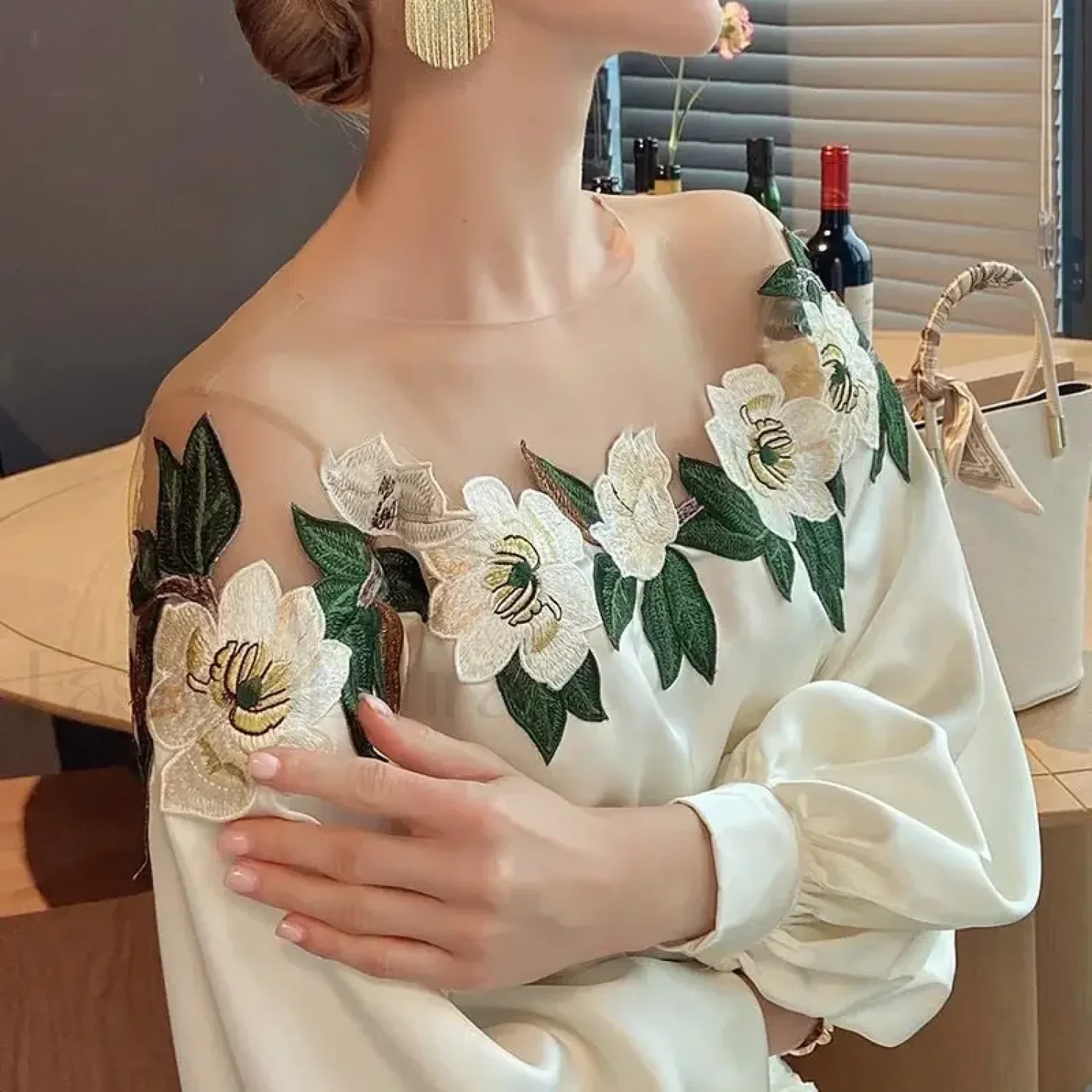 Summer Long Mesh Satin Embroidered Blouse - Image 10