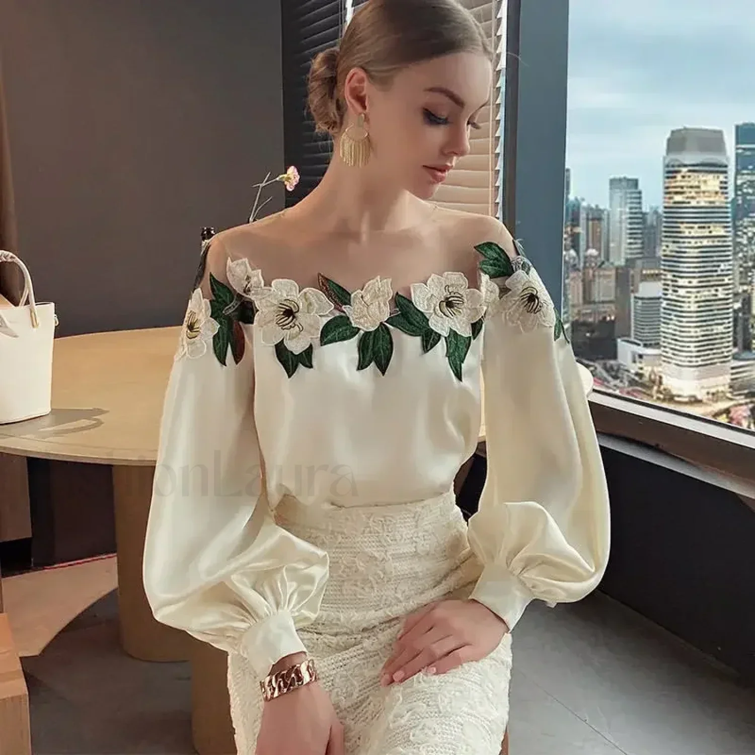 Summer Long Mesh Satin Embroidered Blouse - Image 12