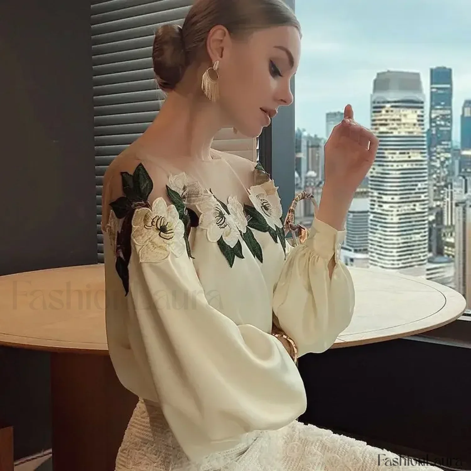 Summer Long Mesh Satin Embroidered Blouse - Image 14