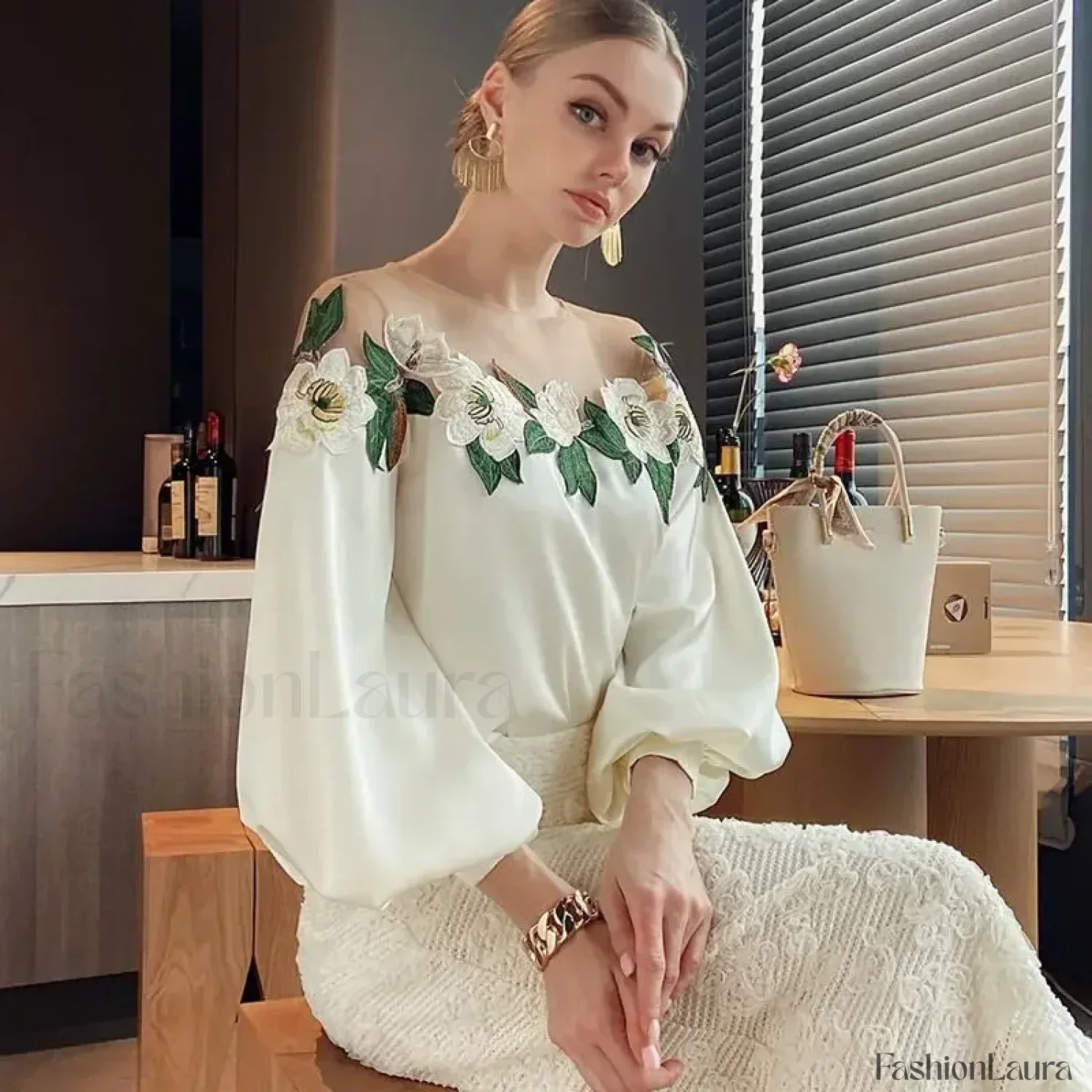 Summer Long Mesh Satin Embroidered Blouse - Image 15