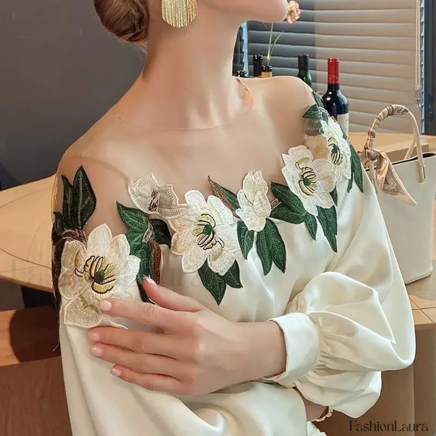 Summer Long Mesh Satin Embroidered Blouse - Image 16
