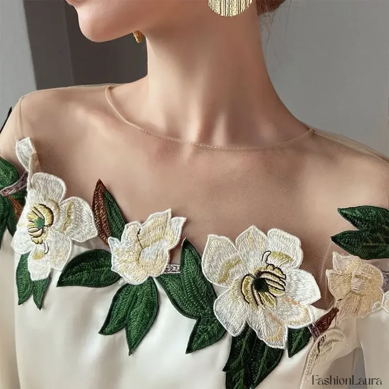 Summer Long Mesh Satin Embroidered Blouse - Image 17