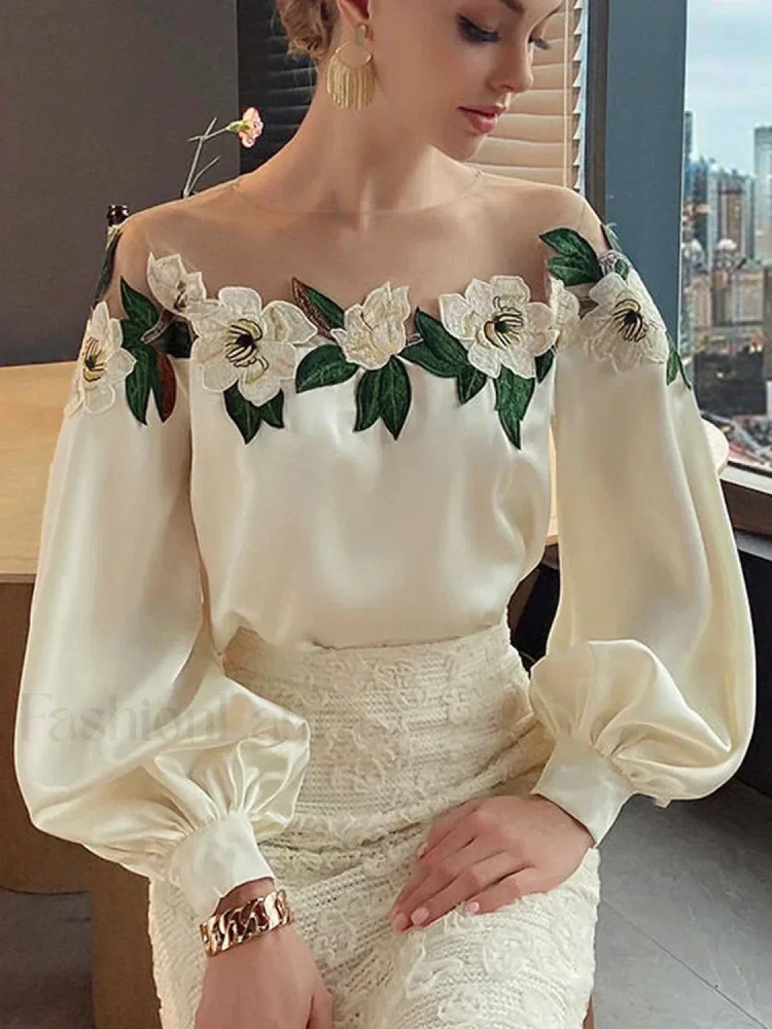 Summer Long Mesh Satin Embroidered Blouse - Image 7