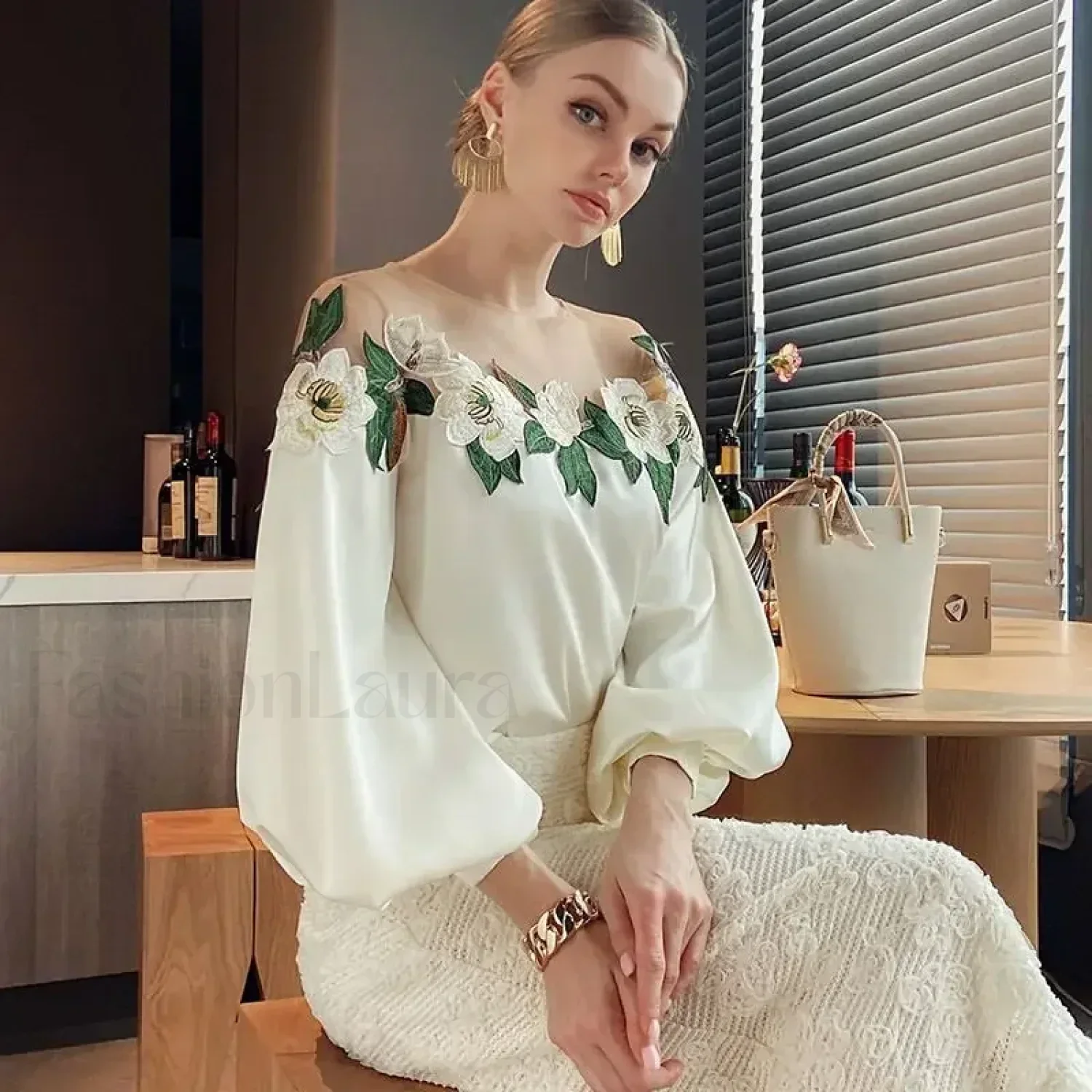 Summer Long Mesh Satin Embroidered Blouse - Image 9