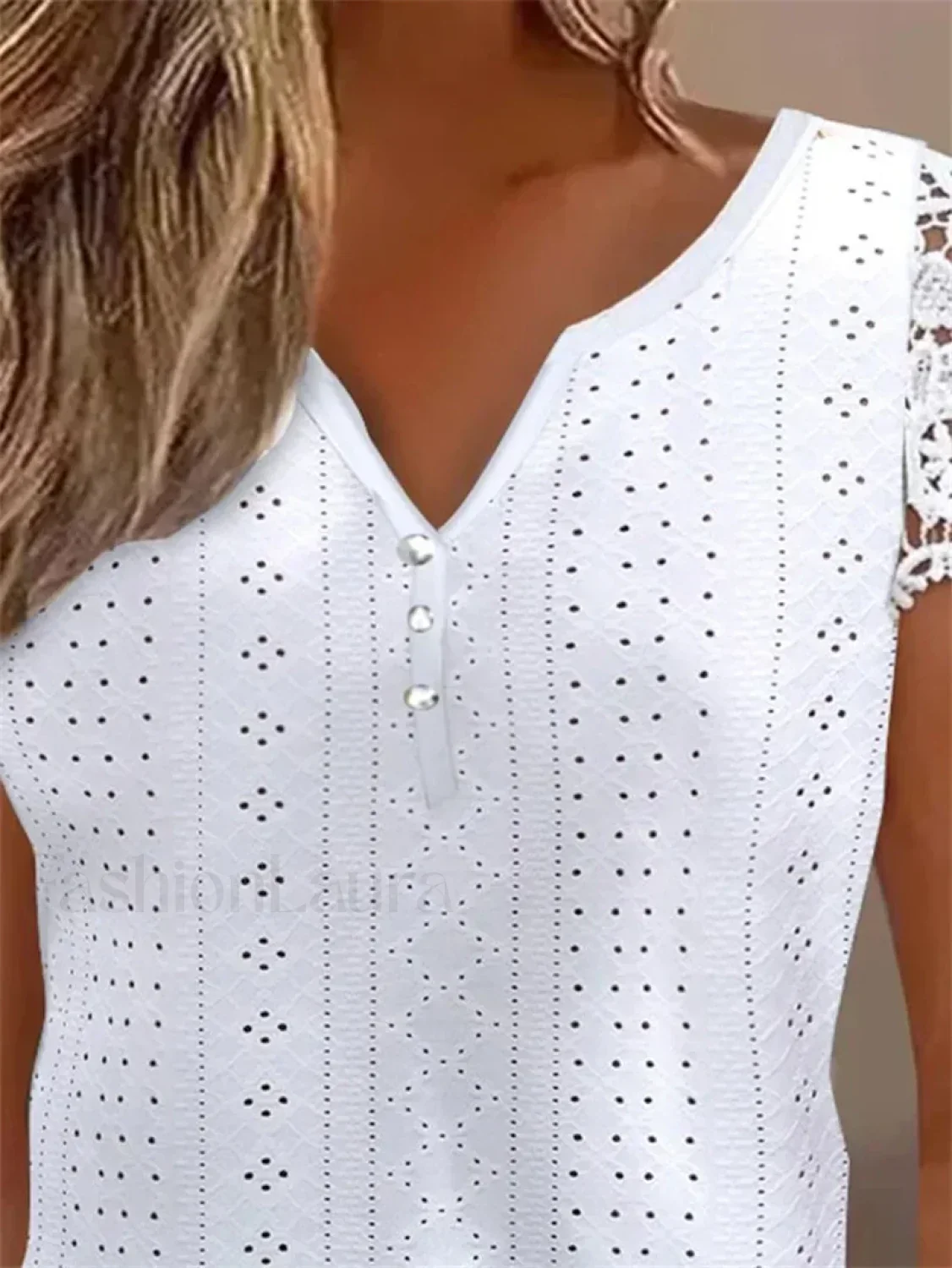Summer Fashion Lace Buttoned Casual Plain Blouse - Image 12
