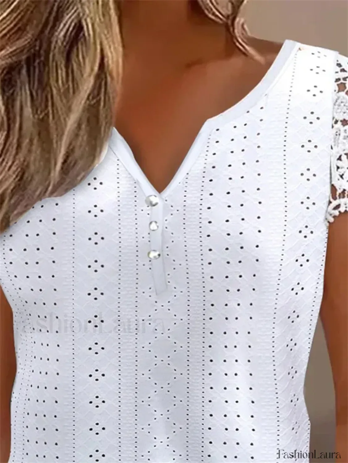 Summer Fashion Lace Buttoned Casual Plain Blouse - Image 18