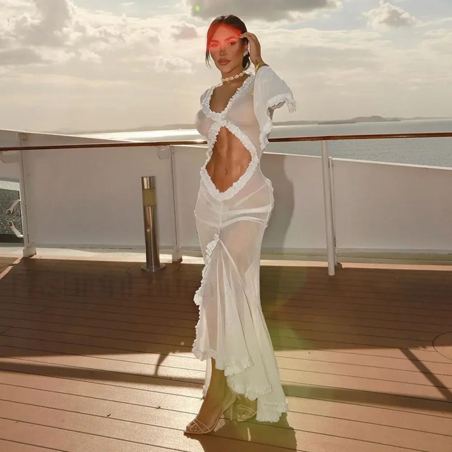 Elegant Yellow See Through Ruched Summer Long Sleeve Maxi Dress - Image 10