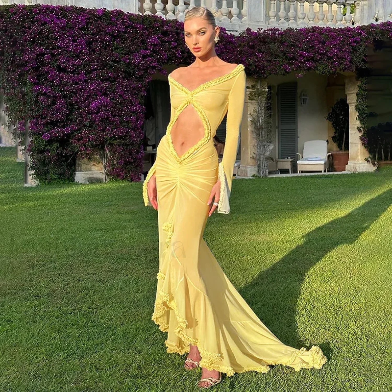 Elegant Yellow See Through Ruched Summer Long Sleeve Maxi Dress - Image 12