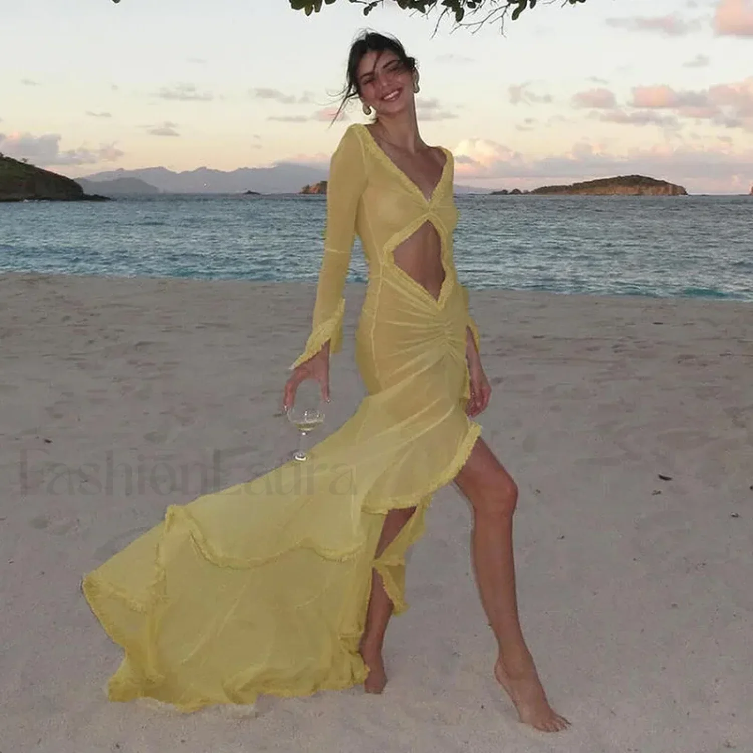 Elegant Yellow See Through Ruched Summer Long Sleeve Maxi Dress - Image 2