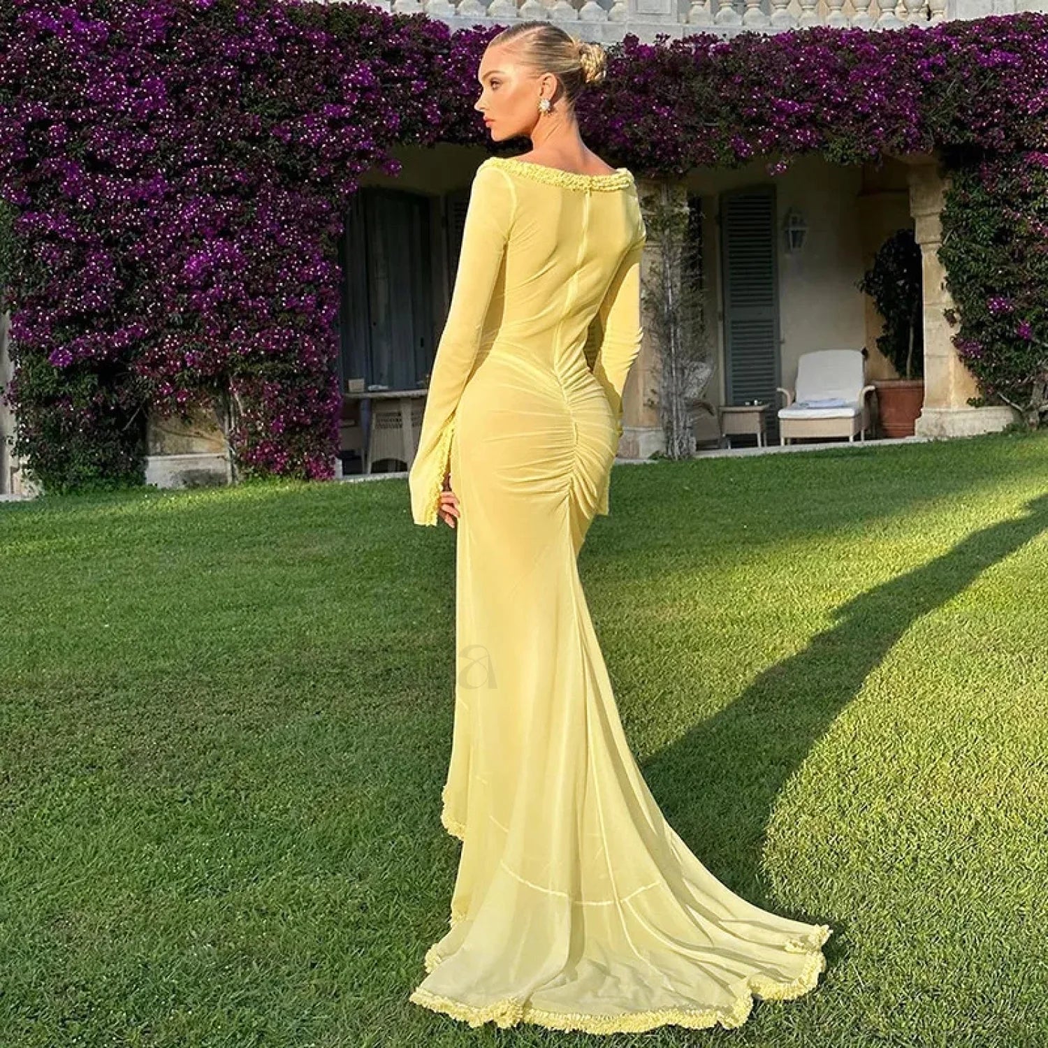Elegant Yellow See Through Ruched Summer Long Sleeve Maxi Dress - Image 4