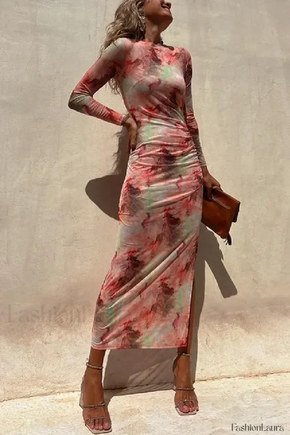 Skinny Mesh Long Sleeve Split Spring/Summer Print Slim Fit Elastic Maxi Dress - Image 19