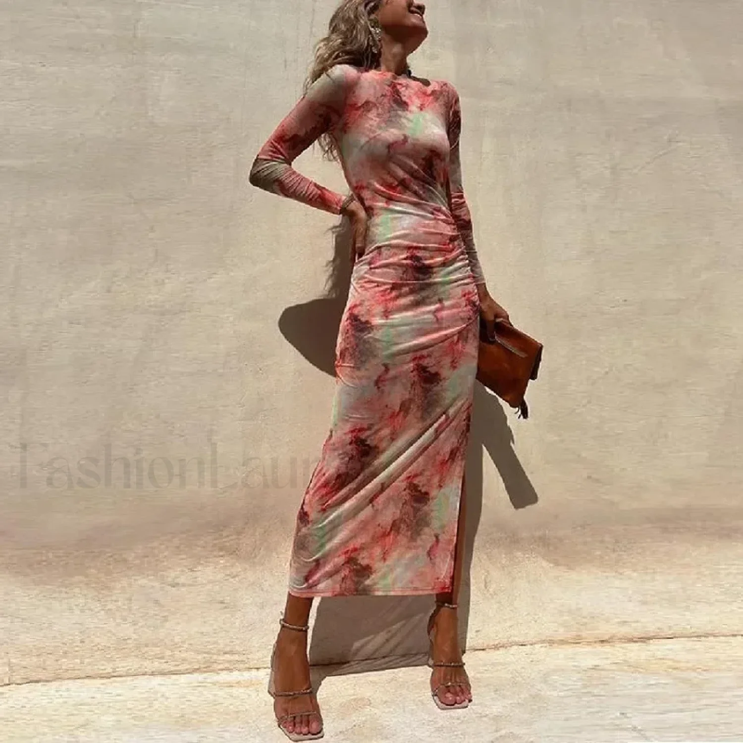 Skinny Mesh Long Sleeve Split Spring/Summer Print Slim Fit Elastic Maxi Dress - Image 2