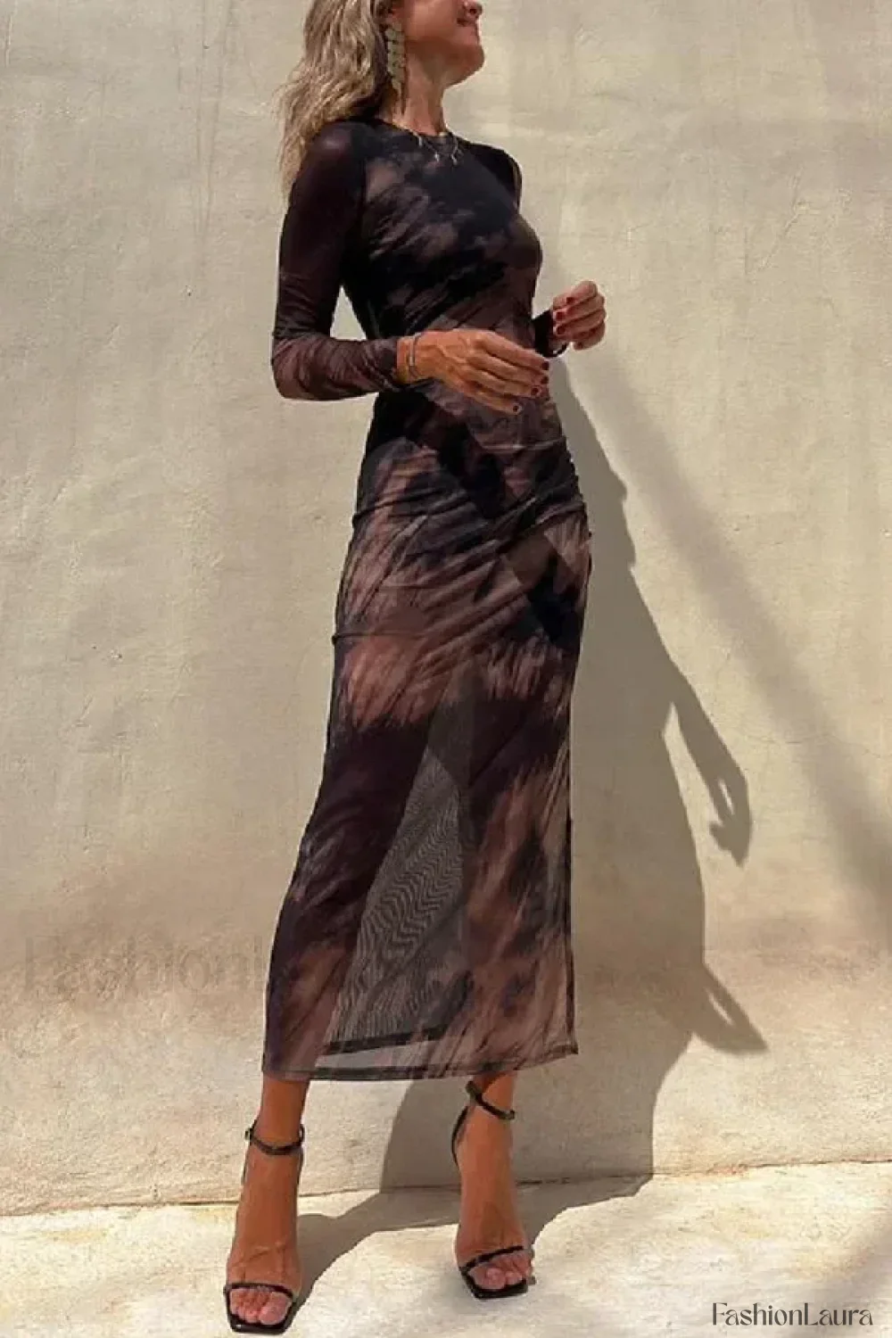 Skinny Mesh Long Sleeve Split Spring/Summer Print Slim Fit Elastic Maxi Dress - Image 21