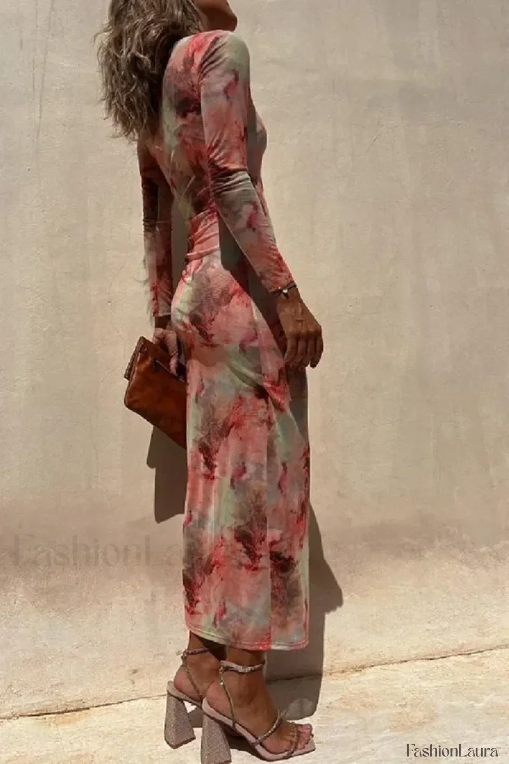Skinny Mesh Long Sleeve Split Spring/Summer Print Slim Fit Elastic Maxi Dress - Image 24