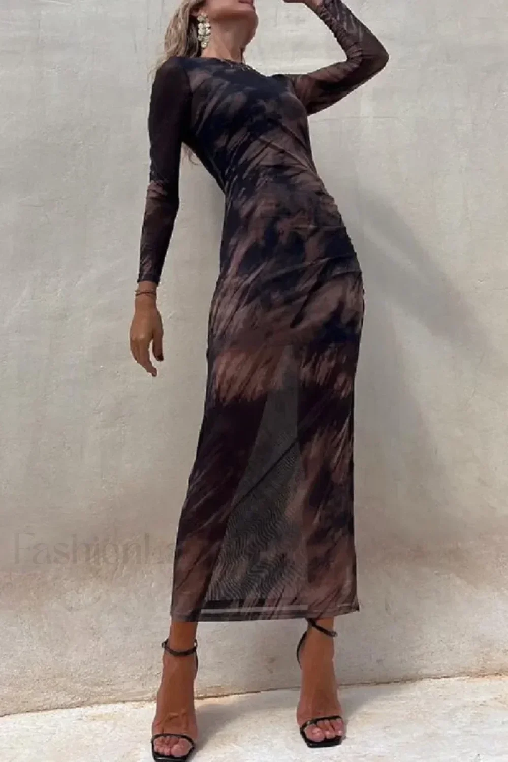Skinny Mesh Long Sleeve Split Spring/Summer Print Slim Fit Elastic Maxi Dress - Image 5