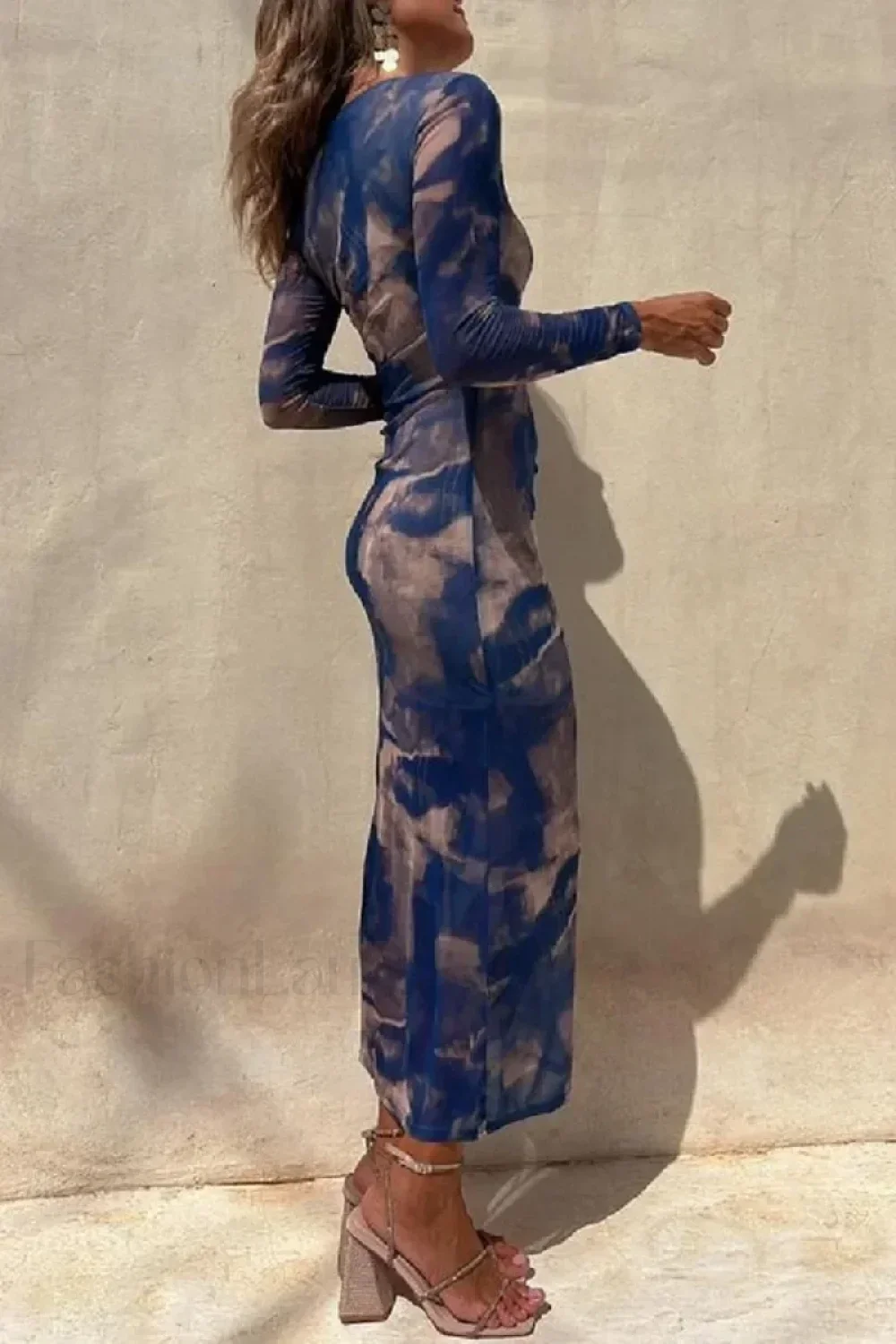 Skinny Mesh Long Sleeve Split Spring/Summer Print Slim Fit Elastic Maxi Dress - Image 6