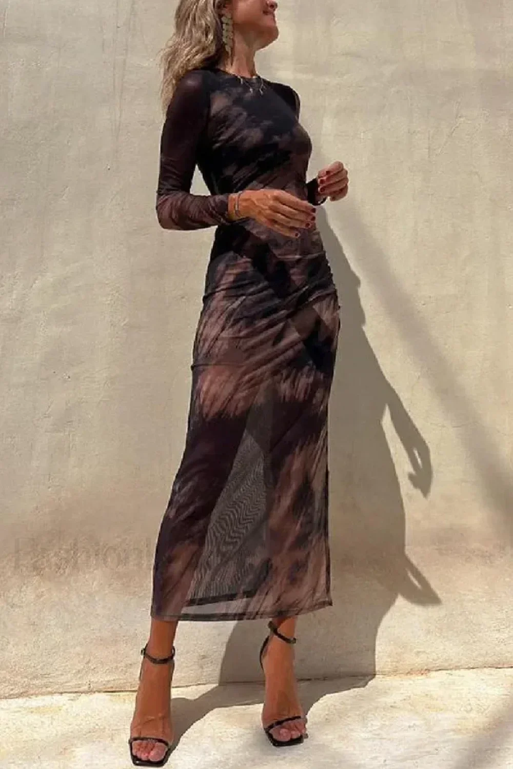 Skinny Mesh Long Sleeve Split Spring/Summer Print Slim Fit Elastic Maxi Dress - Image 7