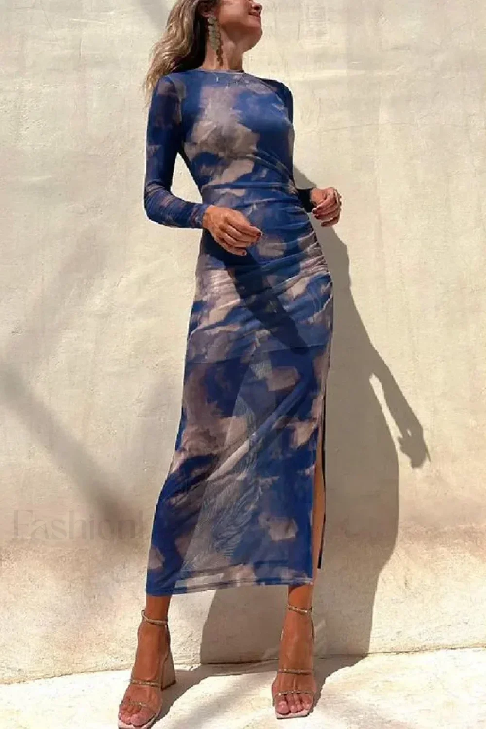 Skinny Mesh Long Sleeve Split Spring/Summer Print Slim Fit Elastic Maxi Dress - Image 8