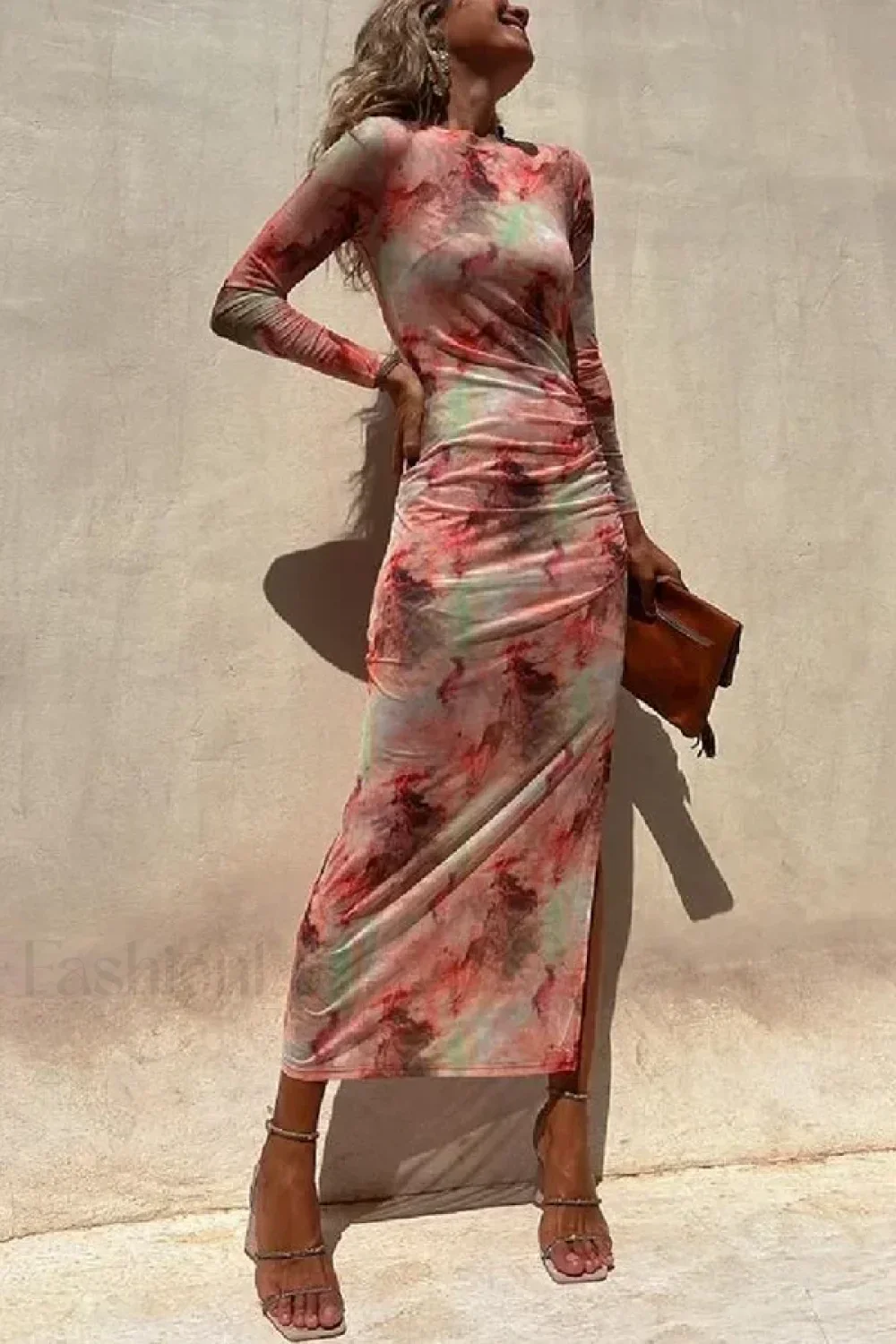 Skinny Mesh Long Sleeve Split Spring/Summer Print Slim Fit Elastic Maxi Dress - Image 9