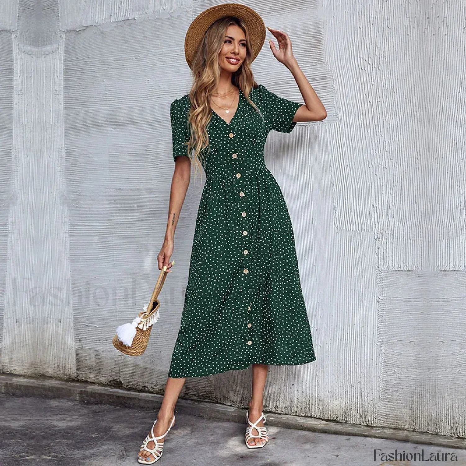 Vacation Chic Single-breasted Cardigan V-neck Short Sleeve Hem Slit Retro Dot Midi Dress - Image 11