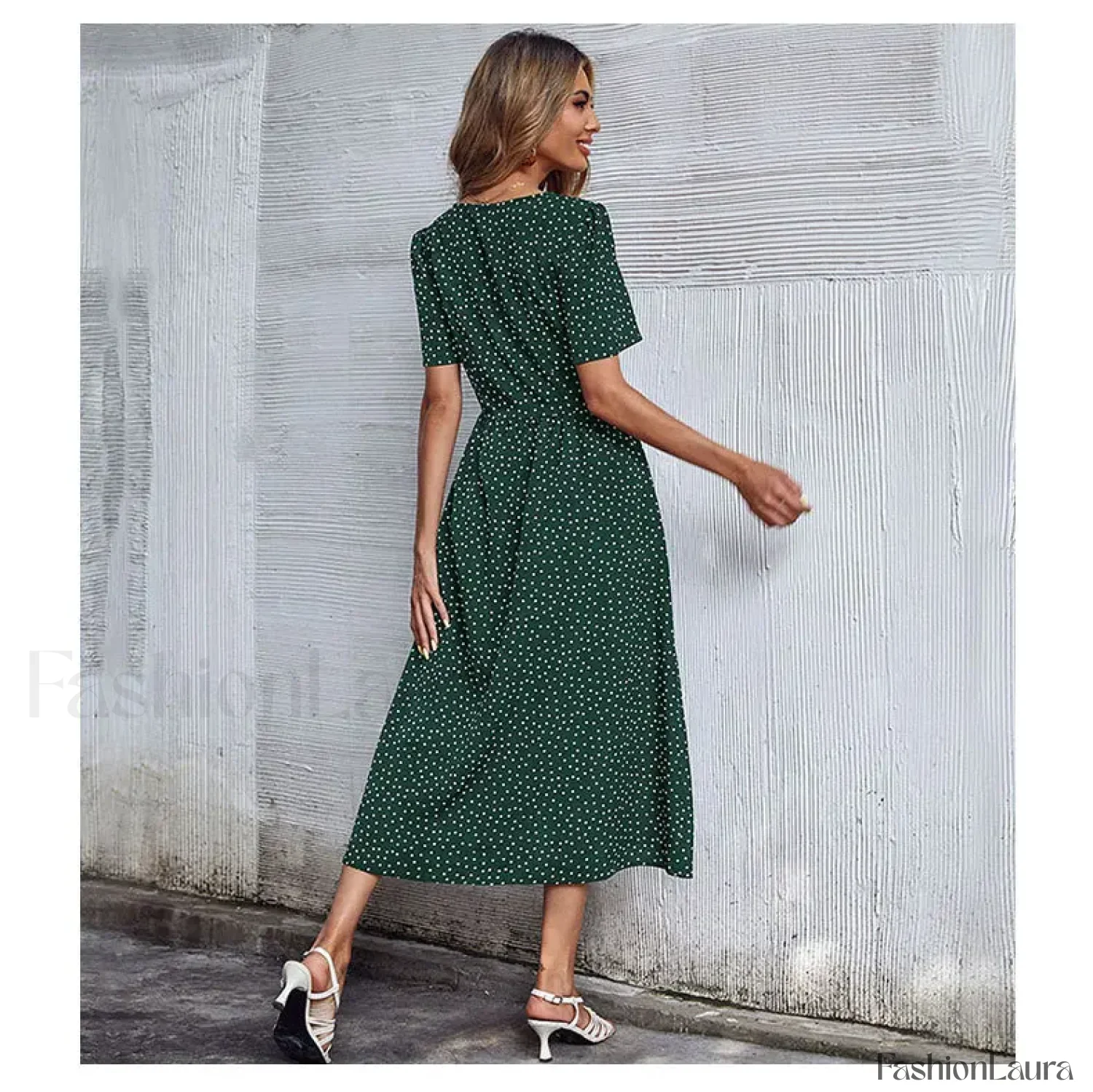Vacation Chic Single-breasted Cardigan V-neck Short Sleeve Hem Slit Retro Dot Midi Dress - Image 13