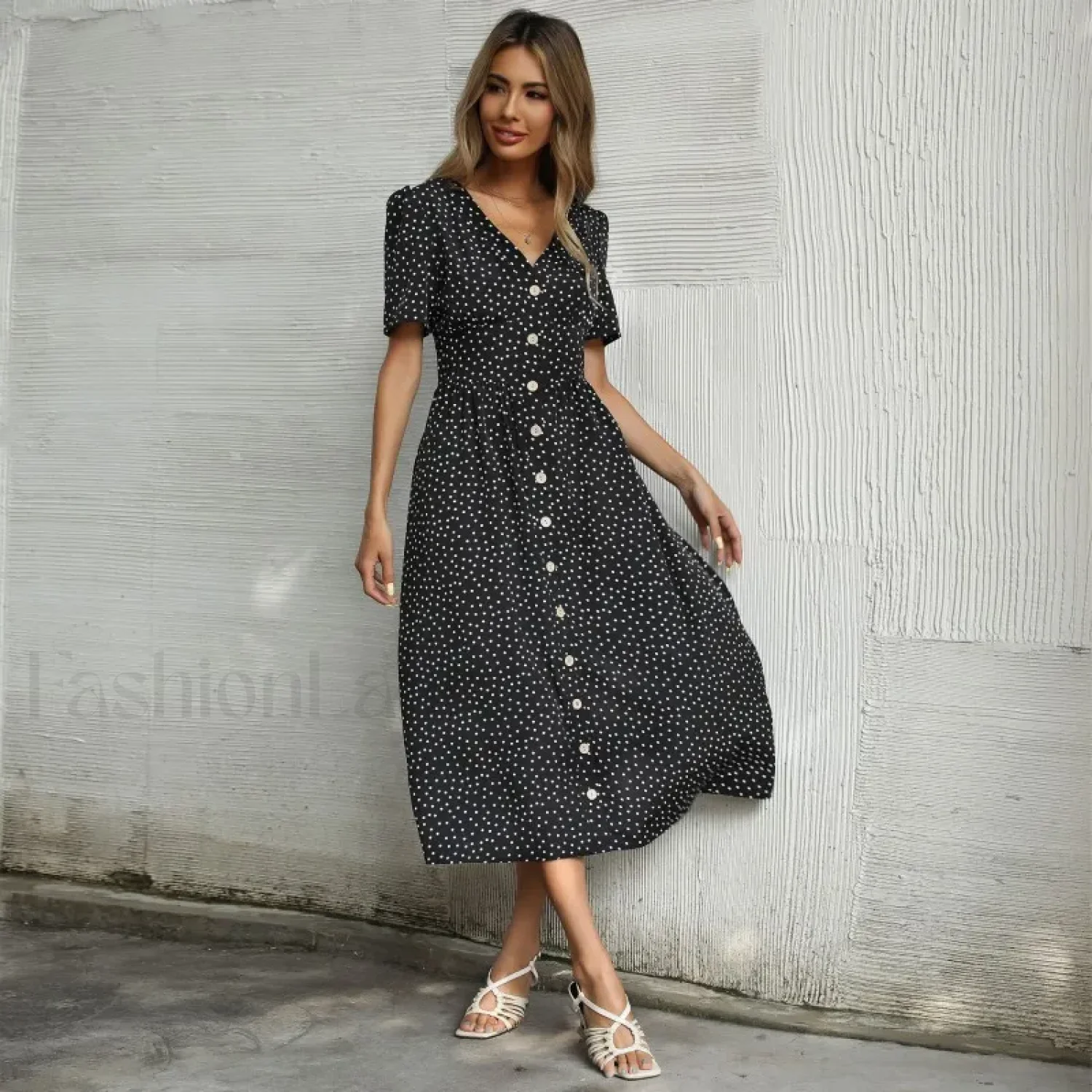 Vacation Chic Single-breasted Cardigan V-neck Short Sleeve Hem Slit Retro Dot Midi Dress - Image 4