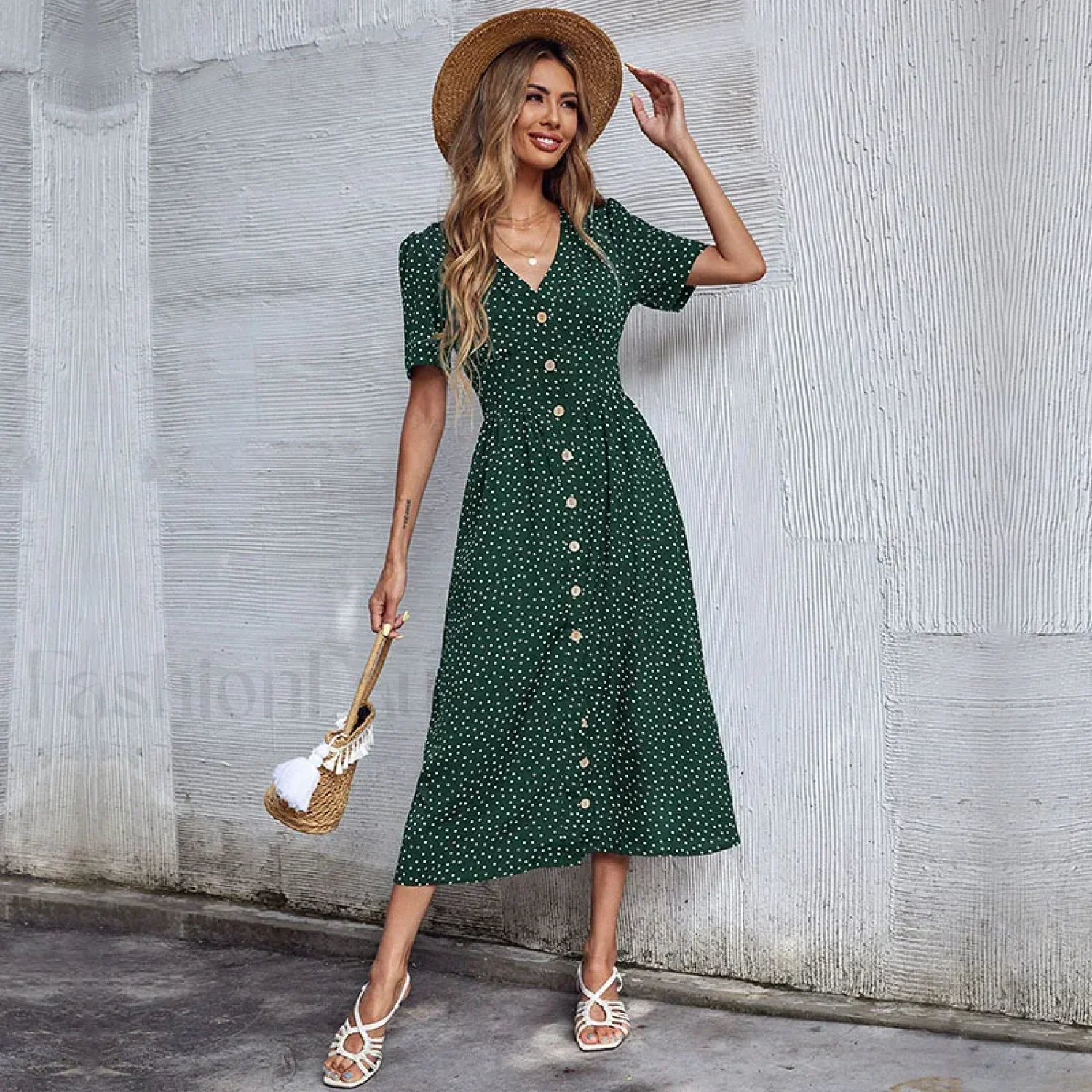 Vacation Chic Single-breasted Cardigan V-neck Short Sleeve Hem Slit Retro Dot Midi Dress - Image 8