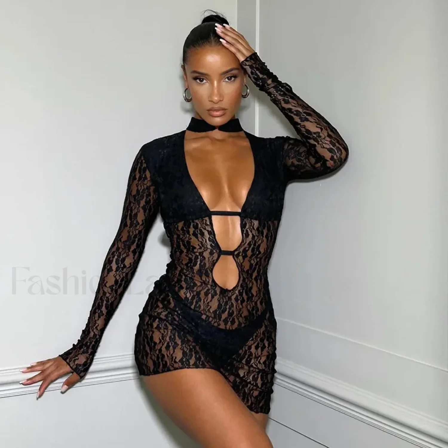 Elegant Lace See Through Sexy Cut Out Long Sleeve Bodycon Wedding Party 2024 Patchwork Summer Mini Dress - Image 14