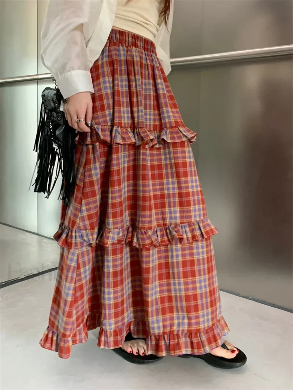 Ruffle Trim Plaid Maxi Skirt - Image 10