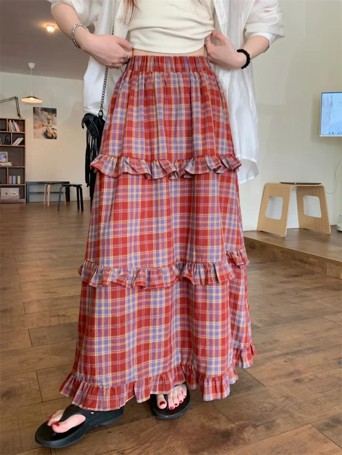 Ruffle Trim Plaid Maxi Skirt - Image 11