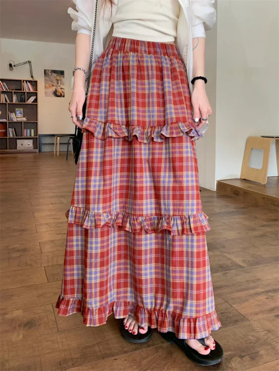 Ruffle Trim Plaid Maxi Skirt - Image 12