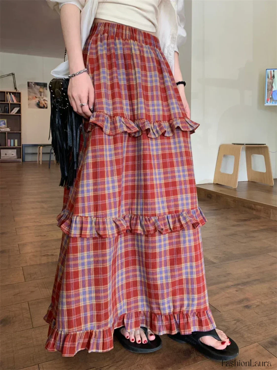 Ruffle Trim Plaid Maxi Skirt - Image 13