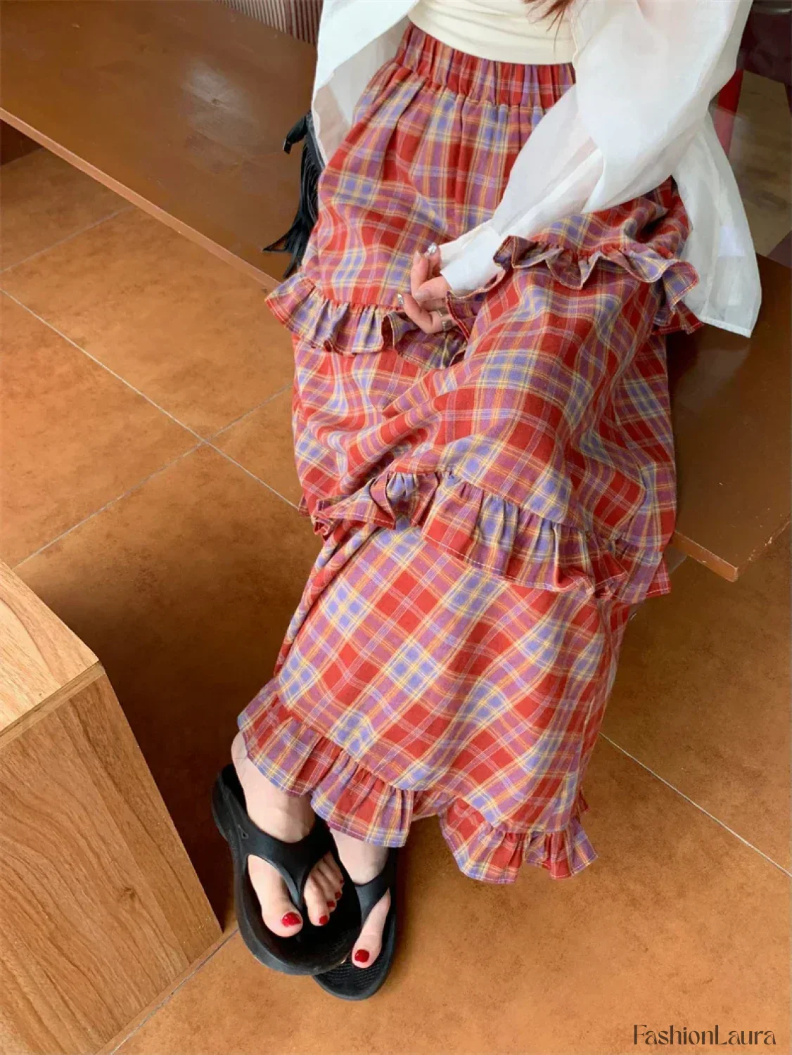 Ruffle Trim Plaid Maxi Skirt - Image 14