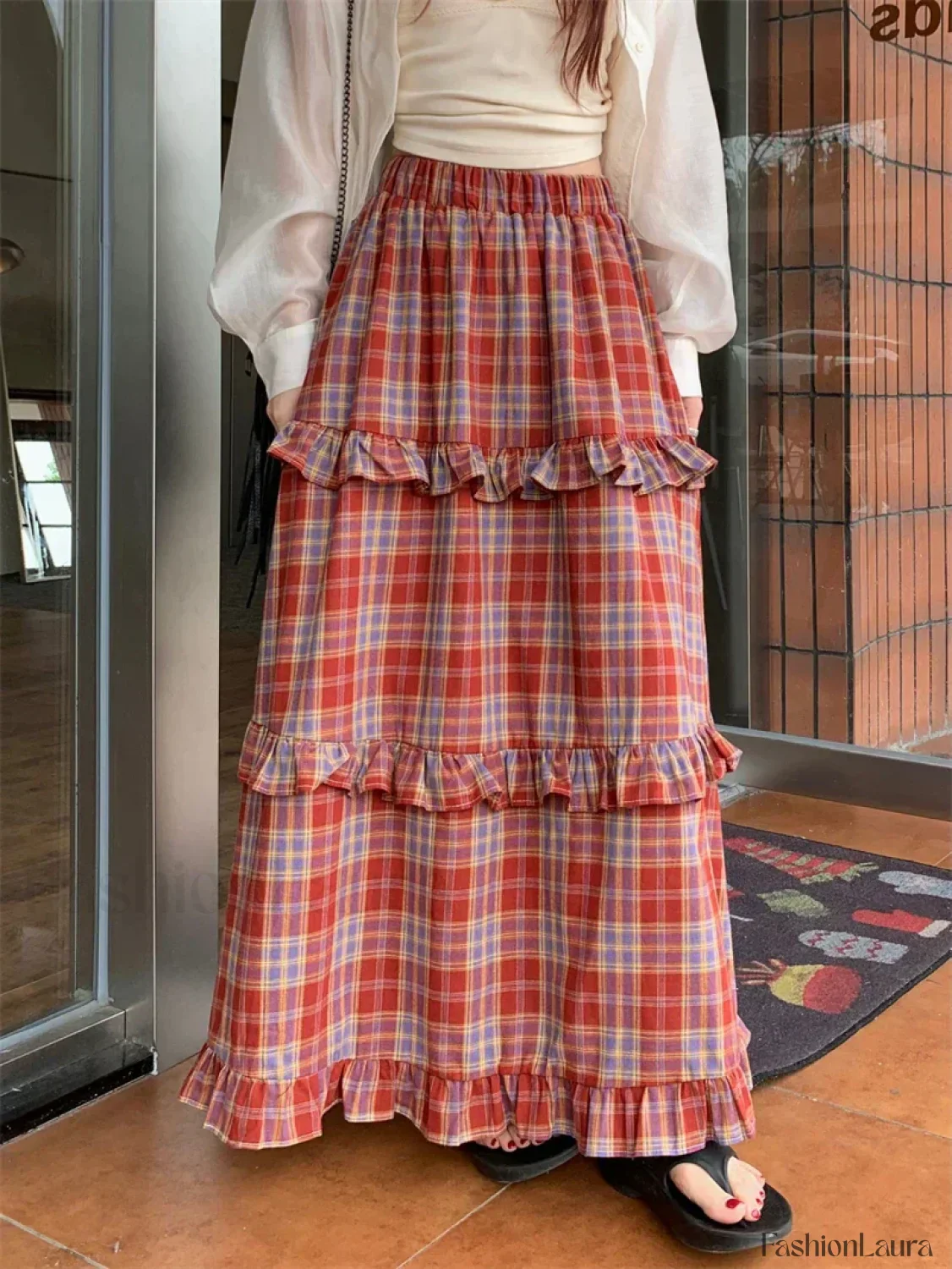 Ruffle Trim Plaid Maxi Skirt - Image 15