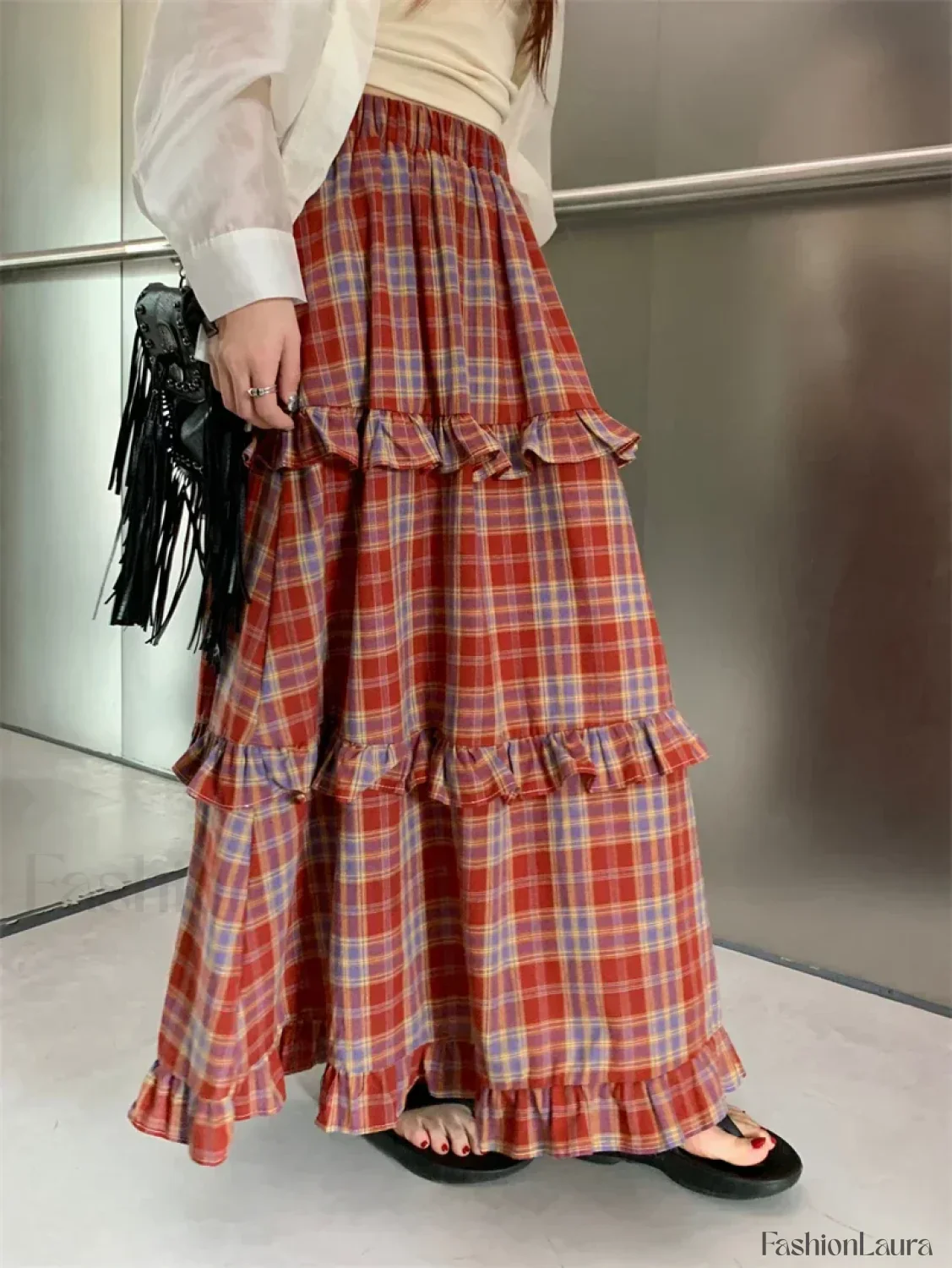 Ruffle Trim Plaid Maxi Skirt - Image 16