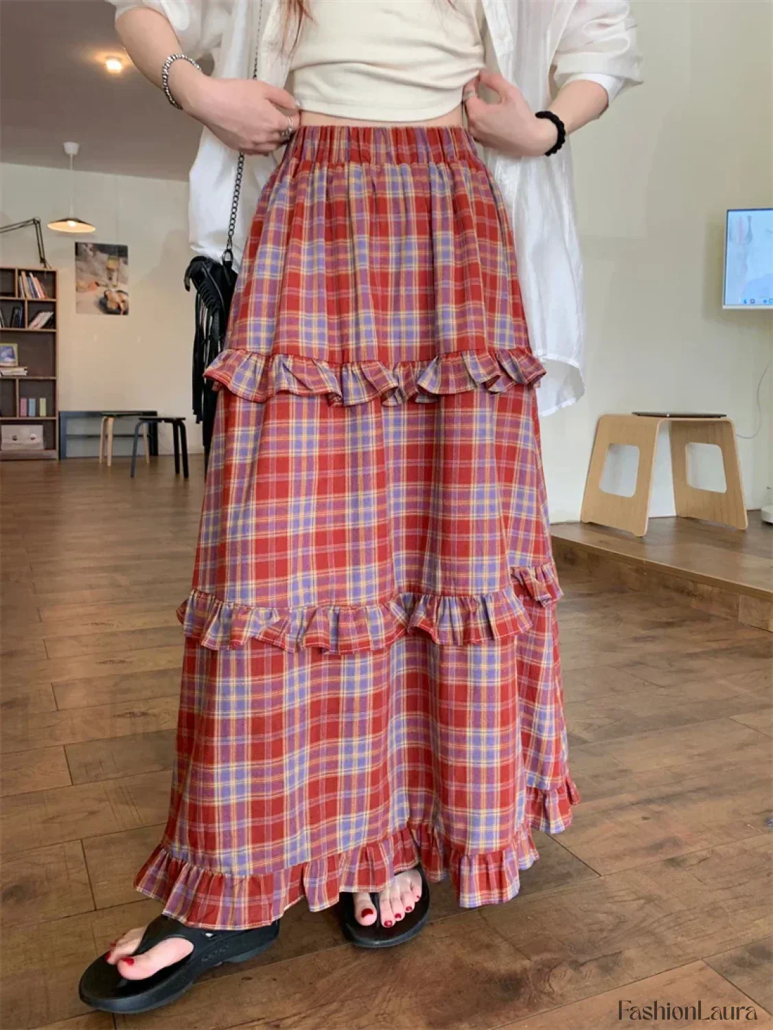 Ruffle Trim Plaid Maxi Skirt - Image 17