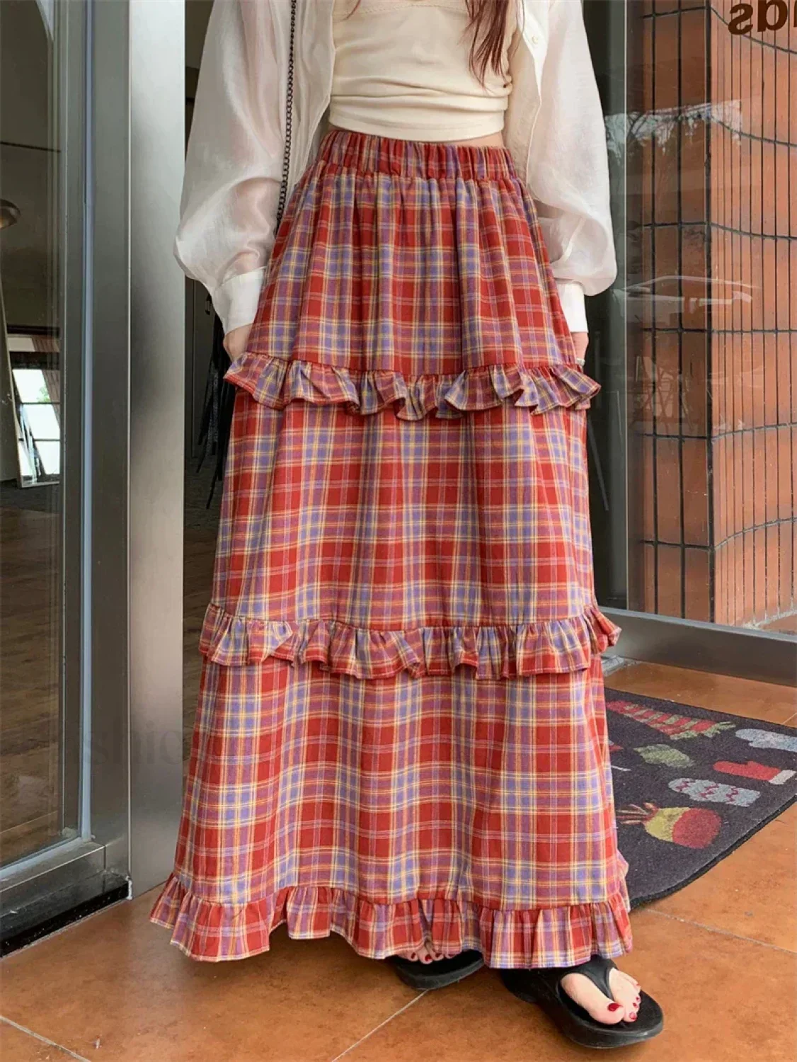 Ruffle Trim Plaid Maxi Skirt - Image 4