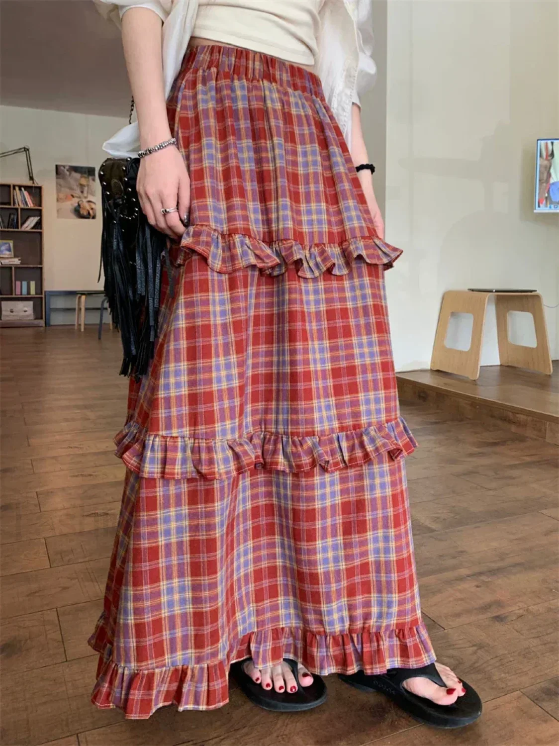 Ruffle Trim Plaid Maxi Skirt - Image 7