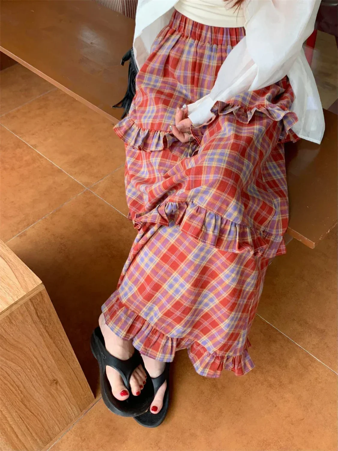 Ruffle Trim Plaid Maxi Skirt - Image 8