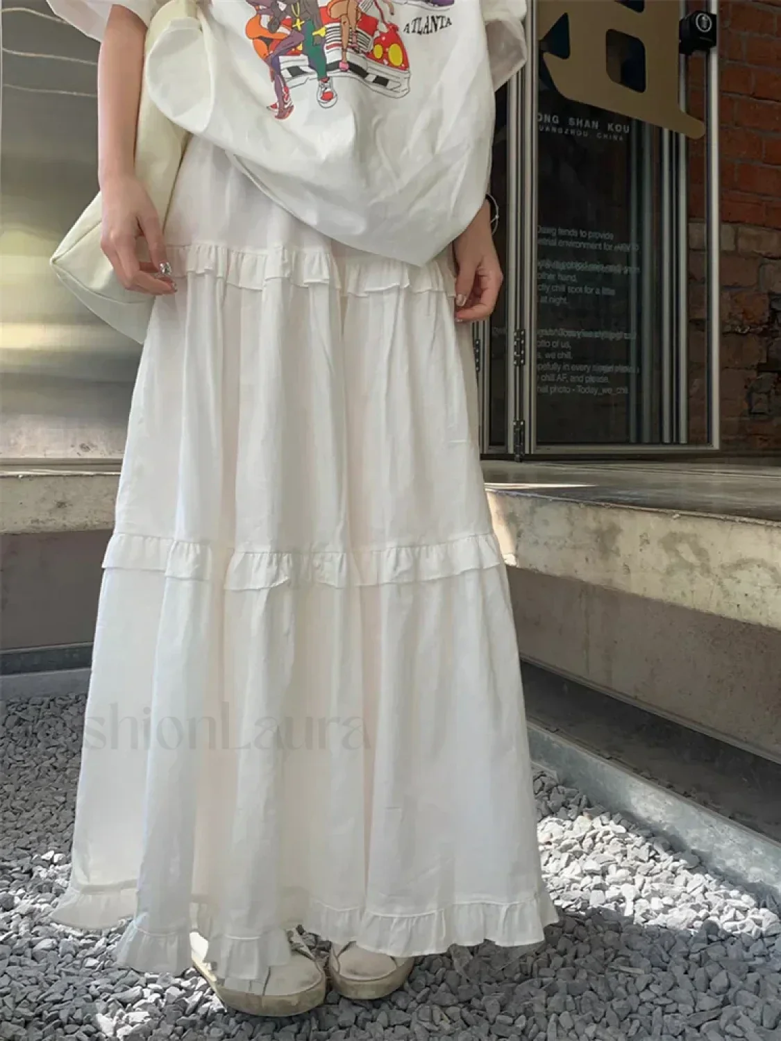 Ruffle Trim White Korean Style Elastic Waist Swing Skirt - Image 11